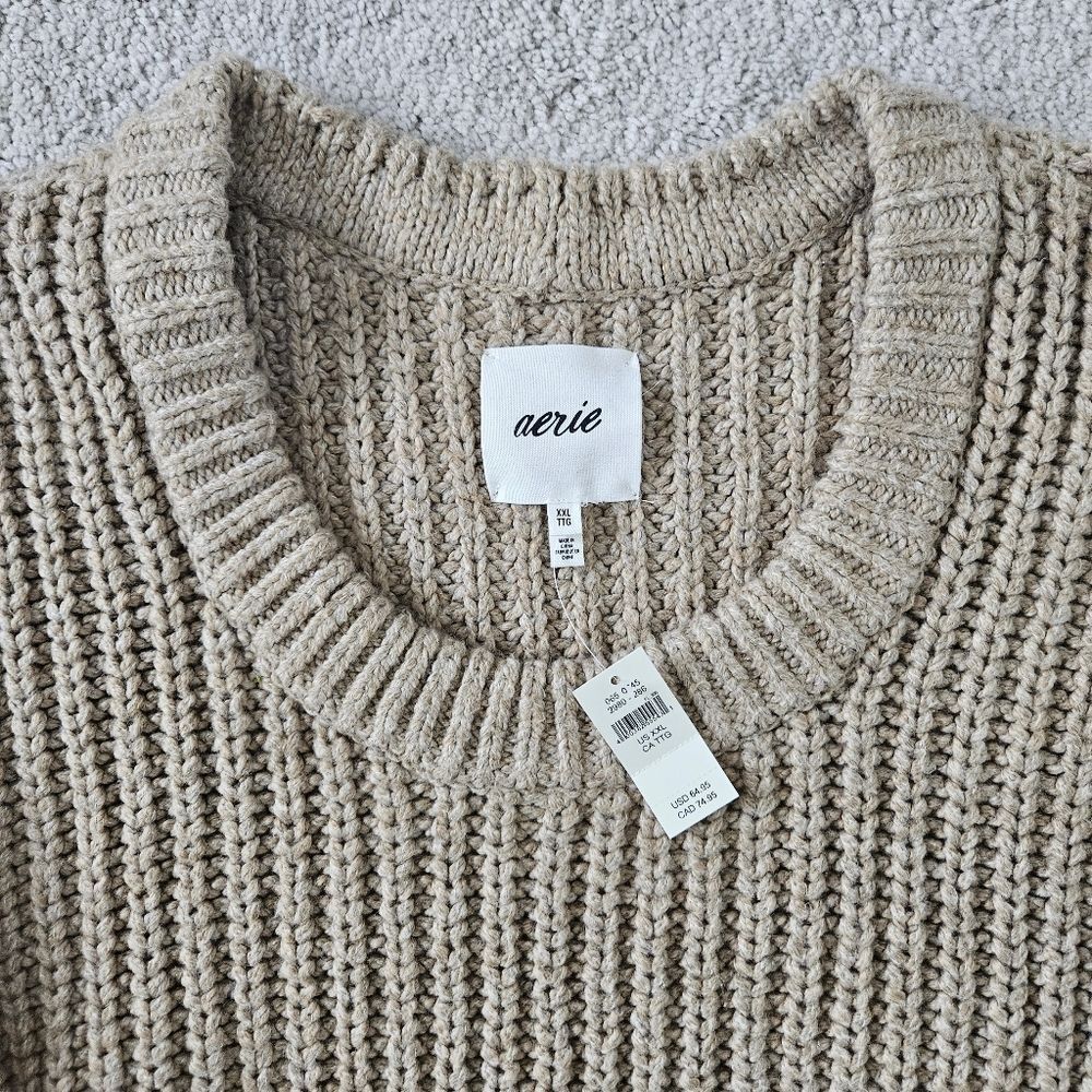NWT Aerie | Textured Chunky Knit Sweater Toasted Almond Beige Brown, Womens XXL - Picture 2 of 5